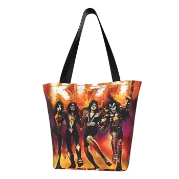 Чанта за пазаруване Kiss Band, чанти за пазаруване с принтом рок-група, студентски забавна чанта-тоут, дамски чанти за пътуване от полиестер