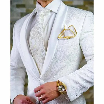 Елегантен сватбен сако от бял жаккардовой тъкани обичайната дължина, джентльменские облекло, шал с ревери, однобортный сако от 2 части, панталони
