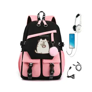Раници с шарени дебела котка за ученици Чанта за книги за момичета Просто преносим компютър USB Раница Дамски пътни чанти с множество джобове