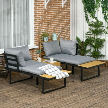 Комплект мебели за двор от 3 теми, определени за разговори в градината на дивана с меки възглавници, Плот от пластмаса под дърво Тъмно сив цвят