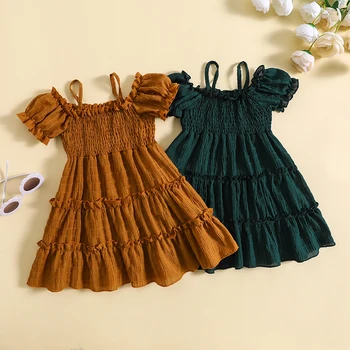 Модерни дрехи за момичета с къс ръкав и отворени рамене на тънки спагети презрамки, плисе летни рокли за бебета, бебешки дрехи