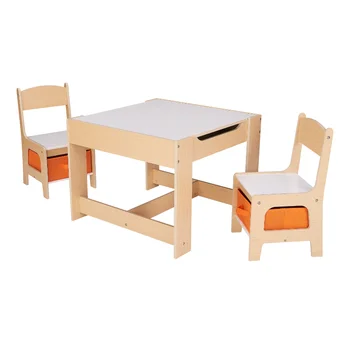 Комплект дървени маси и столове за съхранение на Senda Kids, Натурален цвят, Меламин, 3 предмет, 3-7 години