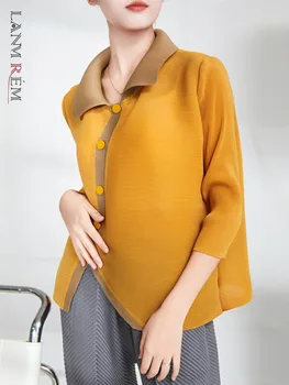 LANMREM, однобортные плисирана риза с неправилна форма, За да се жени, Свободен е шик топ в цвят блок, дамски модни дрехи 2R7766
