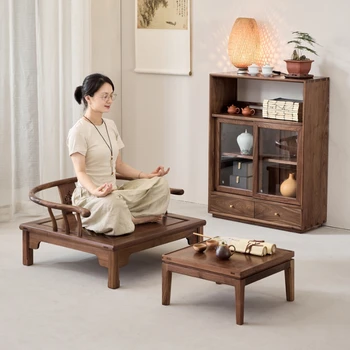 Нов нисък кръг стол от масивно дърво в китайски стил с кръстосани крака, с пазом и шипом, стол бодхи от черен орех
