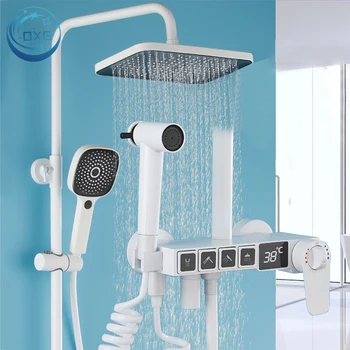 OXG Бял термостатичен смесител за душ, комплект смесители за баня, Душ система с дигитален дисплей, модерни душове за баня