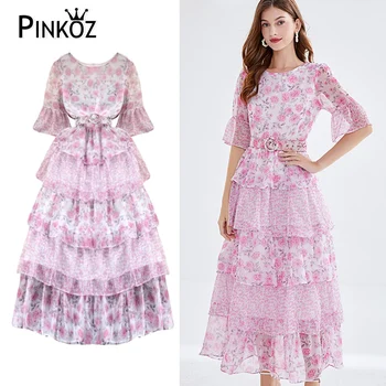 Pinkoz писта дизайнерски модни дрехи с кръгло деколте розово цвете модел с изгорени ръкави макси каскадни многослойно дълга рокля роба