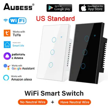 Стандартна Wi-Fi Sasha Smart Touch Switch 1/2/3/4 Банда Домашна стенни бутон на дистанционното управление Умен Дом Работи с Алекса Google Home
