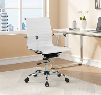 Офис стол от изкуствена кожа с ребрена облегалка, регулируема височина, Бяла компютърен стол, Офис столове