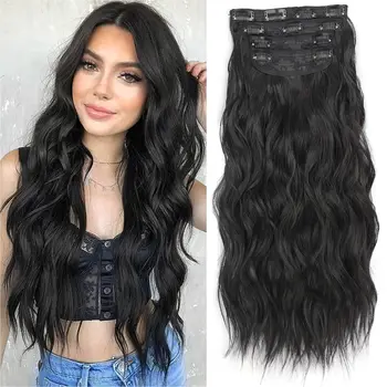 Дългите черни коси за удължаване, 4 бр. вълнообразна синтетични игли за коса с дебелина 20 см, изкуствена коса, за жени и момичета