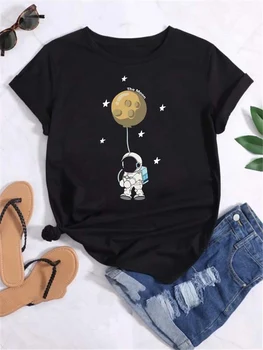 Дамски памучен тениска в Ретро стил, Модна Тениска С Принтом на Луната, Ежедневни Тениска С Кръгло деколте И Къси Ръкави, с високо качество Улични Върховете Оверсайз Y2K