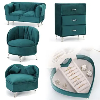 Креативна зелено кадифе ковчег за бижута във формата на дивана, Органайзер за обеци и пръстени, мини-модел на мебели за дома на работния плот