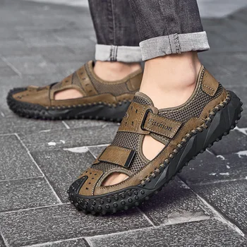 Мъжки дишаща мрежа обувки 2023, нови летни мъжки сандали на платформа със затворени пръсти, лека градинска мъжки ежедневни обувки за разходка с дупки