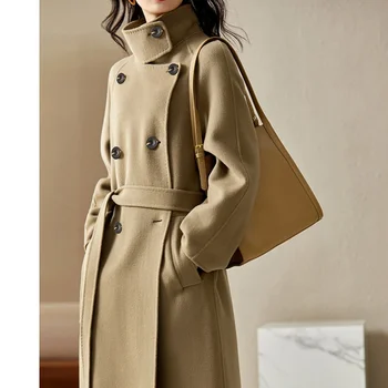 Дамско дълго палто, вълнена LKSK 2023 Зима Висококачествени Елегантни официални Топли двубортные палто с шалче на талията
