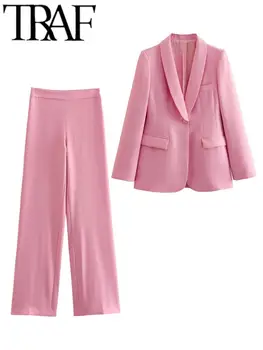ТРАФИКА на Пролетните Модни Дамски Блейзерные костюми на една пуговице с дълъг ръкав, Оборудвана сако, палто, Дамска Тънка прави панталони, комплект от 2 теми, Розов