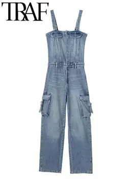 ТРАФИКА на 2023 Дамски модни Дънкови гащеризони-карго, ежедневни Тънки Дамски боди с двойни джобове и цип отпред