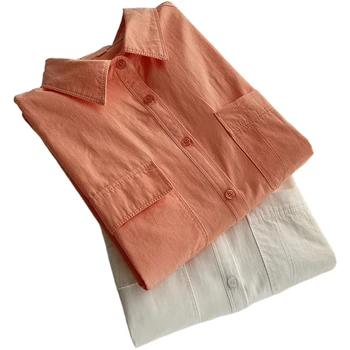 Памучен оранжева риза с дълъг ръкав, Женски дизайн, пролетно облекло, Без всекидневни топ, Риза с двоен джоб, Дамски
