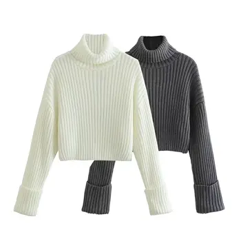 Жените 2023 Нова мода, подрязани еластичен тънък вязаный пуловер в рубчик, Реколта дамски пуловери с високо воротом и дълъг ръкав, Шик върховете