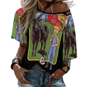 Във фермата е забавно, тениска с къс ръкав и набори, женствена тениска с V-образно деколте, Секси върхове с принтом, 80-те, ужас от коровника, гарван, Ретро хумор