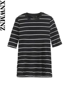 XNWMNZ 2023 Дамски Модни Тениска на райета от смес от памук, Дамски Ежедневни Универсална Тениска С Кръгло деколте И Ръкав Три Четвърти, Женски Шик върха