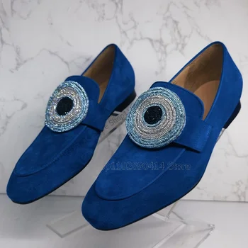 Интериор под формата на кристали, дизайн за шиене, Сини лоферы от флока, модни мъжки обувки, без закопчалка, Луксозен мъжки ежедневни обувки за партита, банкети, ръчно изработени