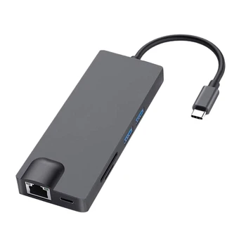 Многопортовый USB hub Type C 8 в 1, който е съвместим с VGA, HDMI, 5 GB интерфейс USB3.0, гигабитная докинг станция, Rj-45, четец на карти SD TF