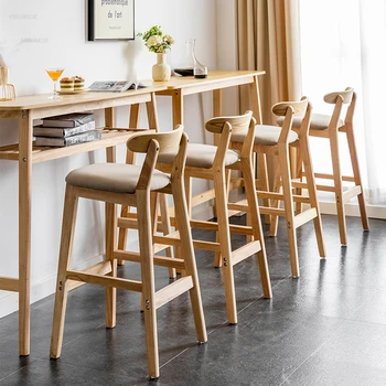 Бар столове от масивно дърво в скандинавски стил, Модерна минималистичная домашната кухня, Висок бар стол, столове с облегалка за почивка, Дизайнерски бар мебели, стол за кафе