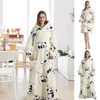 Hoody Pola Panda selimut Super panjang flanel selimut berkerudung mewah selimut besar dapat dipakai selimut nyaman с качулка