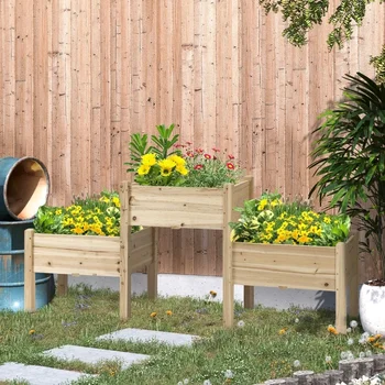 Повдигнати градинска алея с 3 чекмеджета за тенджери, свободно стояща на дървени поставки за растения с дренажни отвори
