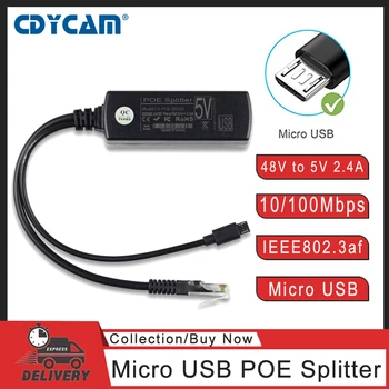 Активен Сплитер PoE със защита от смущения Cdycam Power Over Ethernet 48V-5V 2.4 A IEEE 802.3 af Micro USB Raspberry Pi за Камерата