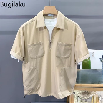 Японската риза Bugilaku с цип, мъжки модни работно облекло с къси ръкави, тениска с джоб на ревера.