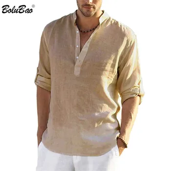 Мъжки ежедневни блуза BOLUBAO, памучен бельо тениска, свободни топове, тениски с дълъг ръкав, пролетно-есенни красиви ежедневни мъжки тениски