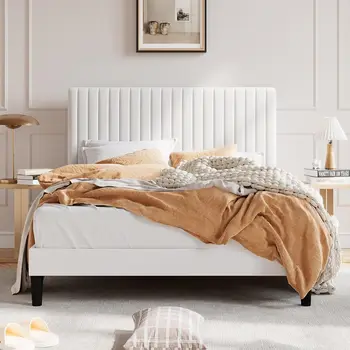 Модерно легло-платформа с мека тапицерия, кремава на цвят пълен размер / Queen-size/ King size с регулируем таблата, двойно легло за възрастни и тийнейджъри
