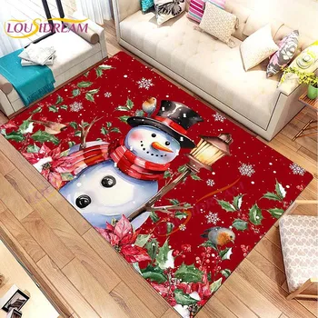 3D Cartoony килим с снеговиком, червен Коледен снежен човек, горски плодове, птици, зимни подложка във формата на снежинки, за хол, спалня, нескользящий мат, Коледен декор