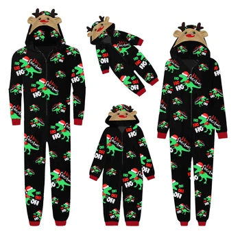 Коледен модерен семеен гащеризон 2024 година, Коледната дрехи за почивка с цип, с качулка и принтом динозавър с дълъг ръкав и шарките на динозавър