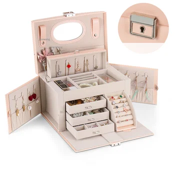 Многопластова Кожена Кутия за съхранение на Пръстени, Обици, Колиета, Кутия за бижута, Европейски Тоалетка, Довършителни Кутия с огледало