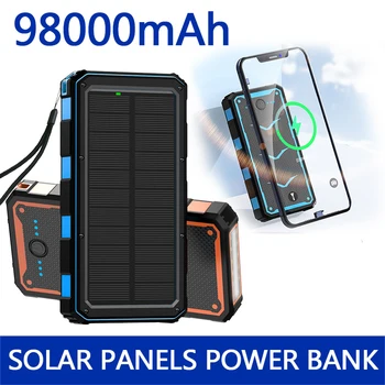 Power bank Безжична зареждане, мобилен източник на захранване 98000 ма с лагер лампа, зарядно устройство за мобилен телефон, USB батерия, соларен панел
