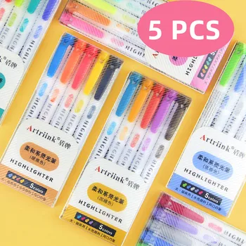 5 цвята / кутия, комплект дръжки-хайлайтеров с две глави, флуоресцентни маркери, Маркери, химикалки, художествени маркери, японски Сладки канцеларски материали Kawaii