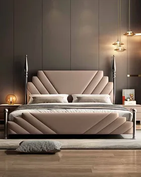 Нова висококачествена френска легло от масивно дърво и естествена кожа в луксозен стил, основна спалня с високи крака, италиански проста модерна лукс