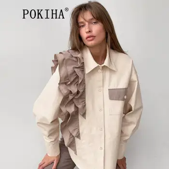 Pokiha Fashion Woman 2023 Есенни Елегантна Асиметрична риза Реколта Дамски блузи с дълги ръкави и копчета отпред, Шик върховете