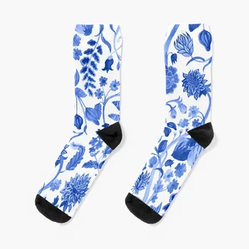 Сини шинуазри, синьо-бели чорапи FloralBlue Toile, походный коледен подарък, Луксозни дамски чорапи, мъжки