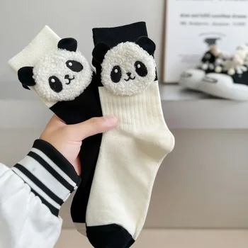 Супер Сладки 3D Панда Модни Меки и Удобни Дамски Памучни Чорапи със Средна дължина Harajuku В Японски стил, Дамски Чорапи, Коледни подаръци, Черен