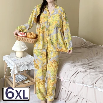 Комплект дамски нощен дрехи, 2 броя, дамски пижами с дълъг ръкав, пижама размер оверсайз 6XL, дамски пижами, дамски дрехи за сън, комплекти пижам