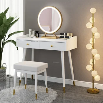 Модерен обикновена дървена тоалетка с огледало, Мебели за спални Луксозни Бели настолни скринове Тоалетка за грим с огледало и стол