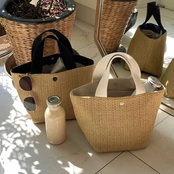 Ежедневни дамски чанти от ратан, летни плажни сламени чанти, плетени дамски чанти, дамски кофи с голям капацитет, пътна чанта