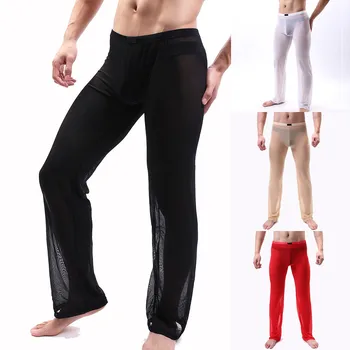 Мъжки сексуални пижамные панталони с прозрачна еластична гумена лента, ежедневни панталони от прозрачна мрежа, свободни мека пижама, бельо, домашни панталони