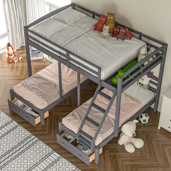 Комбинация от две легла двойно по размер, напълно над две единични и двуетажни легла Twin, трехъярусная легло с чекмеджета, сив