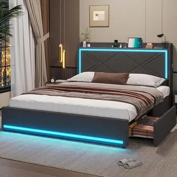 Пълен размер на рамка на легло с led осветление на таблата Модерна мека легло на платформата, кутии за спестяване на пространство, здрава конструкция