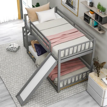 Двуетажно легло Twin over Twin с панти пързалка и стълбище, компактна, здрава и устойчива, бял/сив
