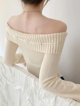 Вязаный пуловер с открити рамене, дамски секси Елегантни прилепнали блузи, Дамски есенни модни асиметрични ежедневни пуловери, тънки шик скок