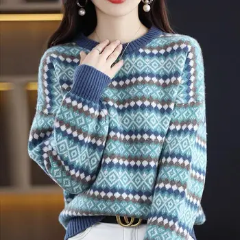 Ретро жаккардовый пуловер за жени 2023, есенно-зимния дизайнерски пуловер с кръгло деколте и дълги ръкави, вълнени жена топ, безплатно трико